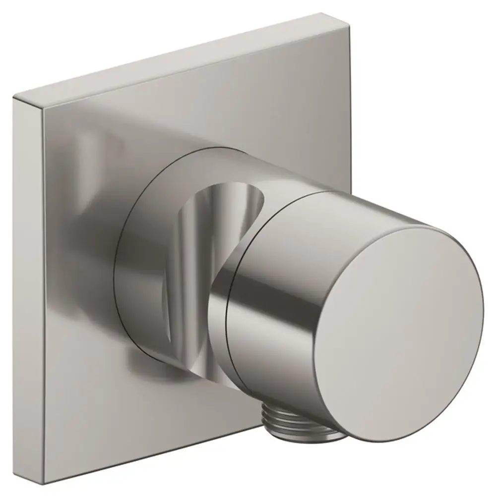 Wandmontierter Einhebelmischer in Nickel gebürstet von Keuco mit quadratischer Abdeckung und Schlauchanschluss für Brause.